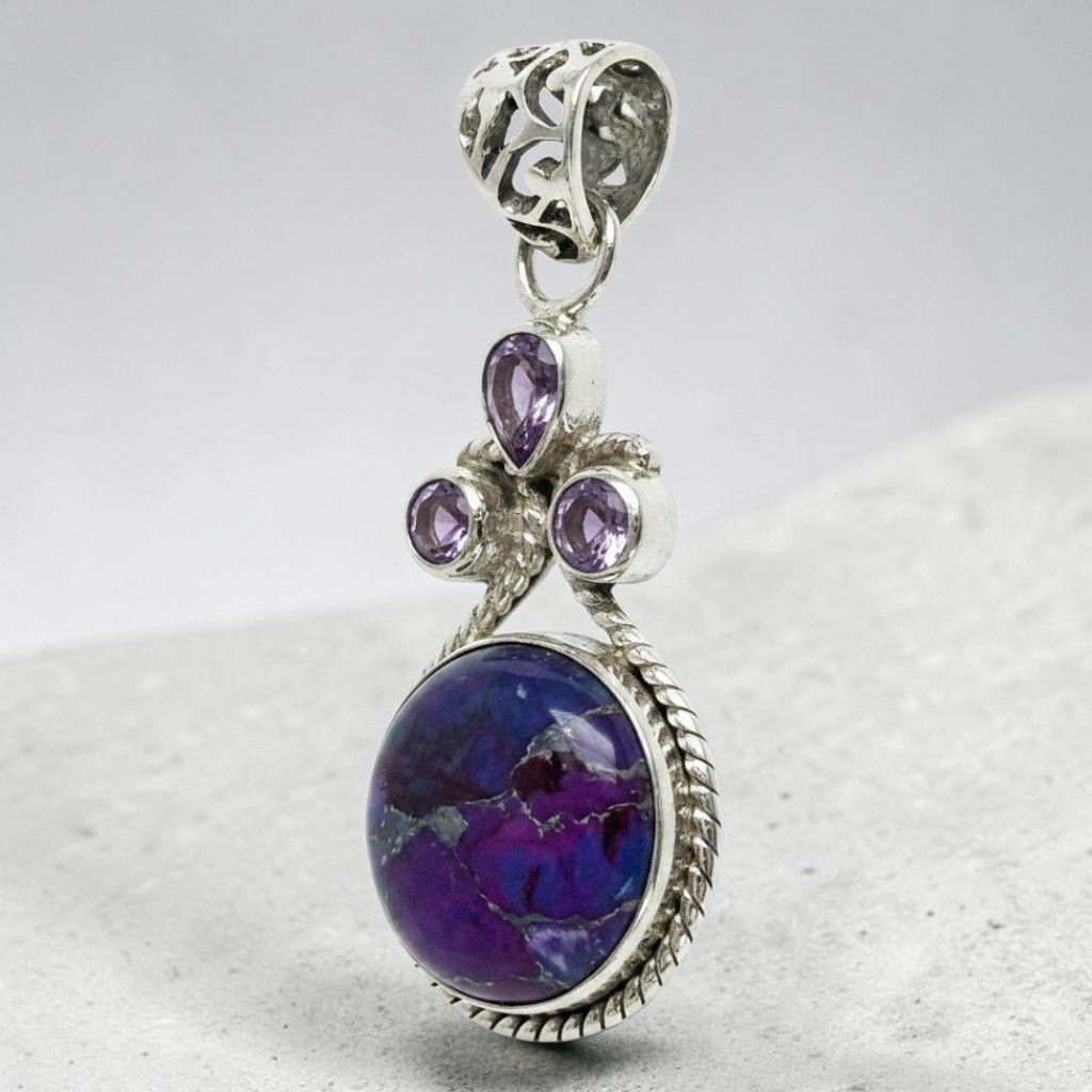 Pendentif turquoise Mohave violette &amp; améthyste AAA argent 925 - La Boite à Cailloux