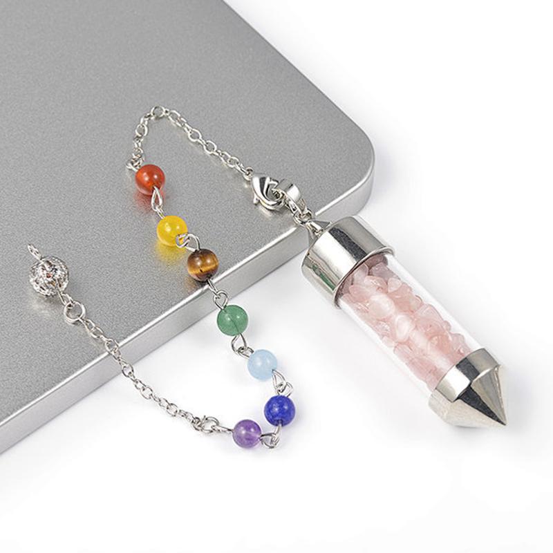 Pendule 7 chakras acier quartz rose Brésil - La Boite à Cailloux