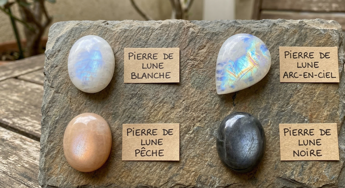 Pierres de lune blanche, arc-en-ciel, pêche et noire présentées côte à côte