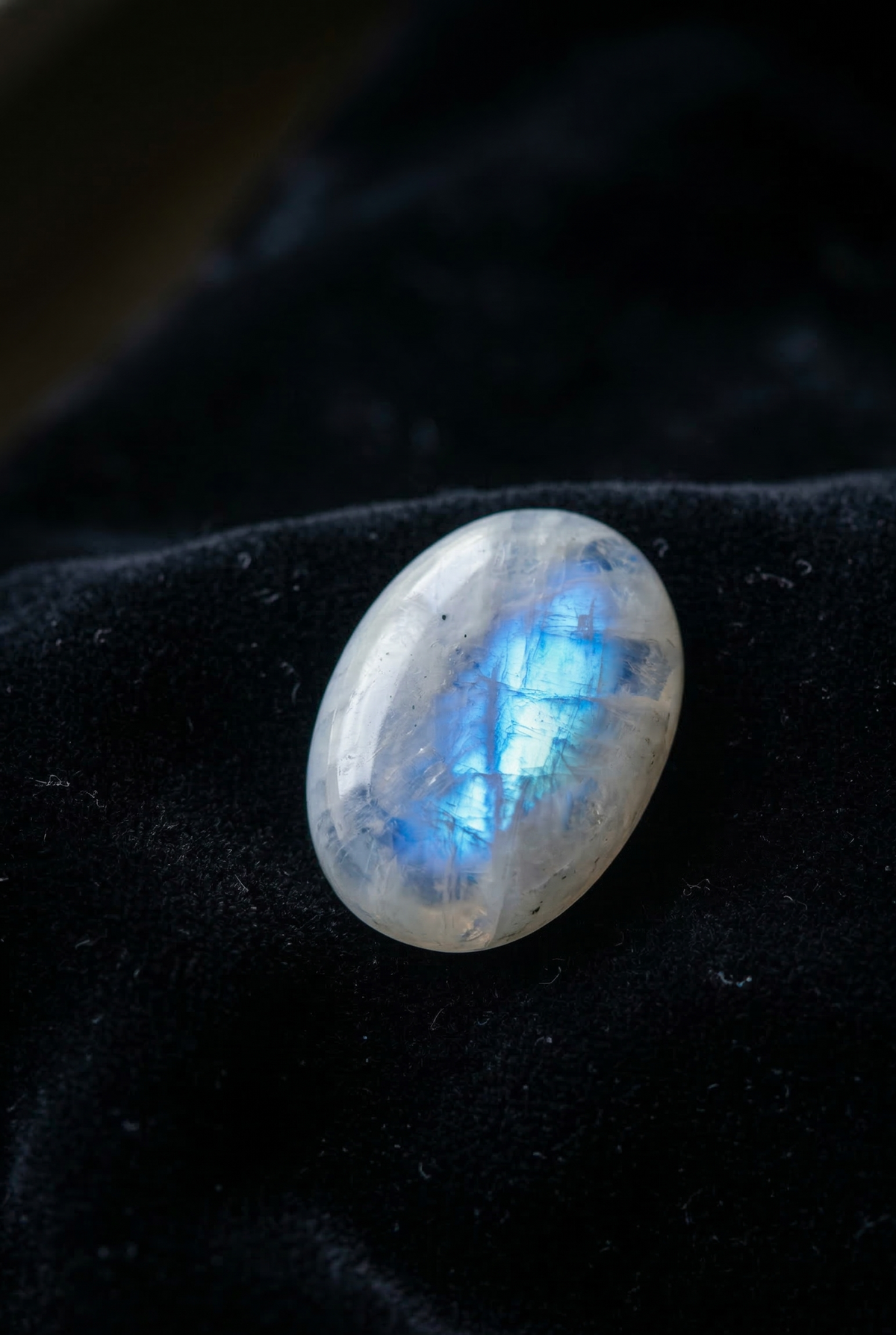 Cabochon de pierre de lune au reflet bleu posé sur un velours noir