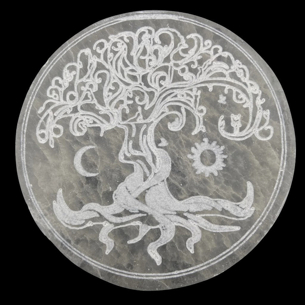 Plaque de rechargement sélénite arbre de vie lune et soleil - 150mm - La Boite à Cailloux