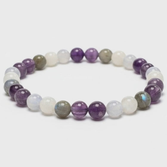 Bracelet multi aigue-marine, améthyste, labradorite, lépidolite, pierre de lune A+ (boules 5-6mm)