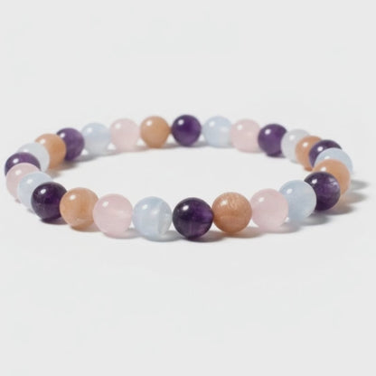 Bracelet multi aigue-marine, lepidolite, pierre de soleil, quartz rose A+ (boules 5-6mm)