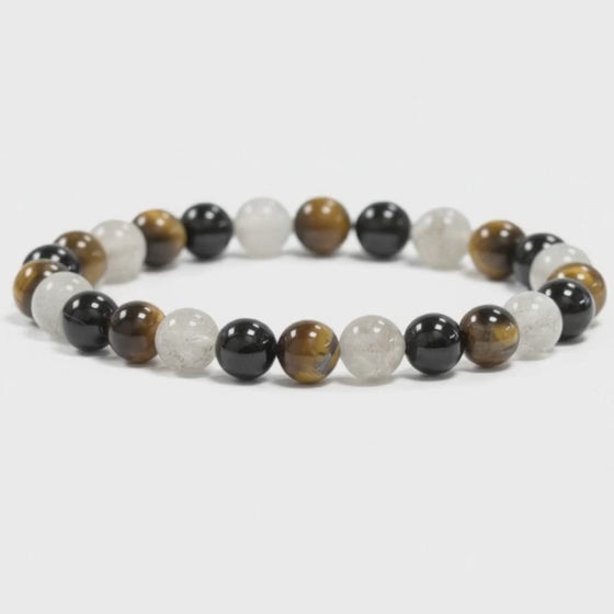 Bracelet protection: oeil de tigre, labradorite, tourmaline noire (boules 5-6mm)