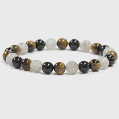 Bracelet protection: oeil de tigre, labradorite, tourmaline noire (boules 5-6mm)