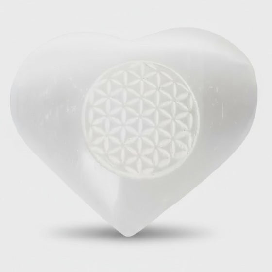 Coeur sélénite Maroc A+ fleur de vie 50mm