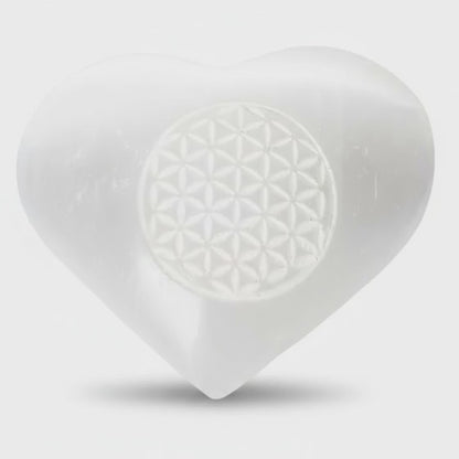 Coeur sélénite Maroc A+ fleur de vie 50mm