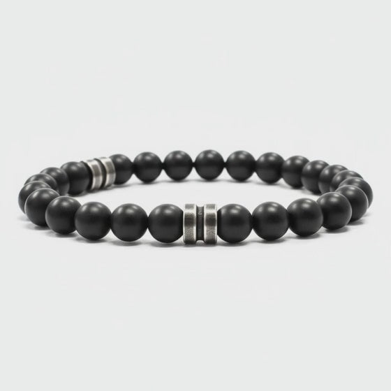 Bracelet Homme: onyx dépoli rondelle acier (boules 7-8mm)