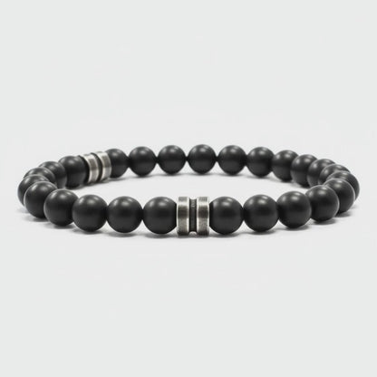 Bracelet Homme: onyx dépoli rondelle acier (boules 7-8mm)