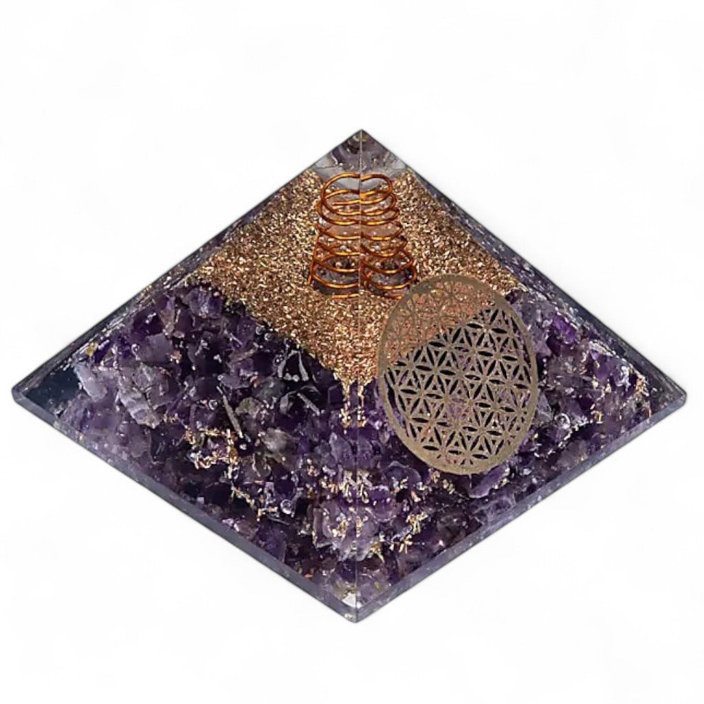Pyramide orgonite améthyste fleur de vie (70mm) - La Boite à Cailloux