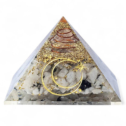 Pyramide orgonite pierre de lune symbole lunaire (75mm) - La Boite à Cailloux