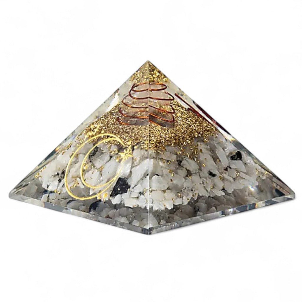 Pyramide orgonite pierre de lune symbole lunaire (75mm) - La Boite à Cailloux