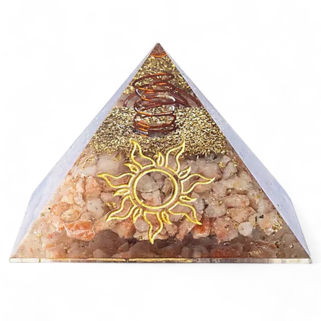 Pyramide orgonite pierre de soleil symbole solaire (75mm) - La Boite à Cailloux