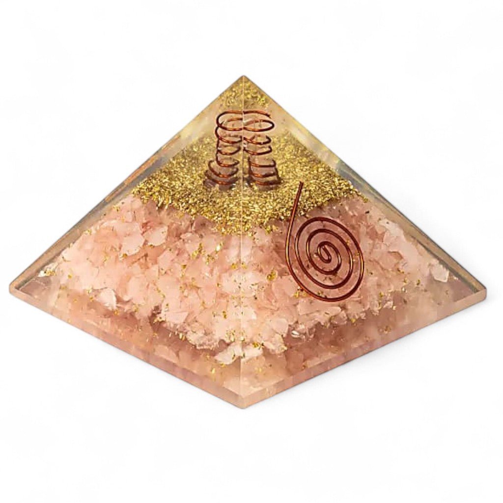 Pyramide orgonite quartz rose avec coeur (80mm) - La Boite à Cailloux