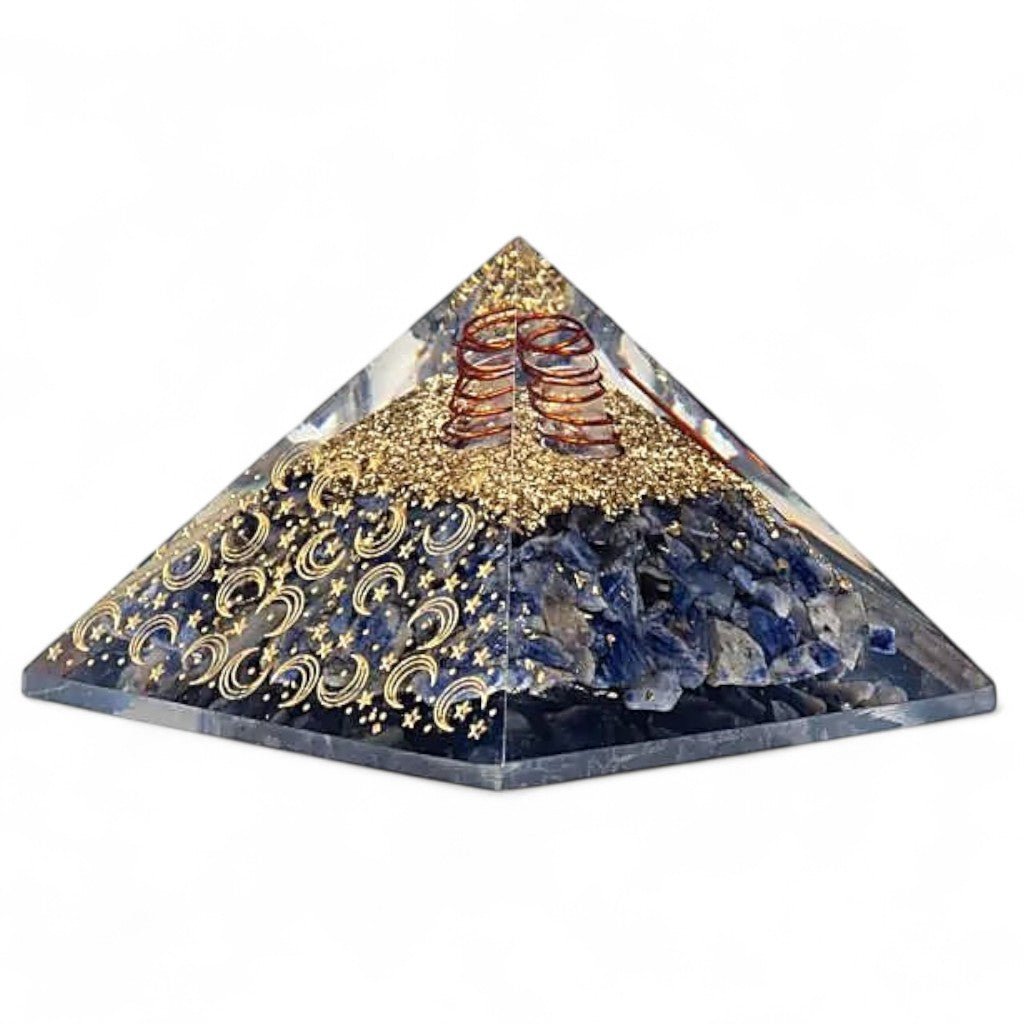 Pyramide orgonite sodalite lune et étoile (75mm) - La Boite à Cailloux